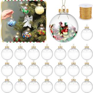 Wettarn 50 Pcs 3.15 Inch Christmas Plastic Fillable Ornaments, Transparent DIY Craft Rainbow Ball with Lid and Rope, Xmas Hanging Ornament for Party Wedding Home Decor (Clear)