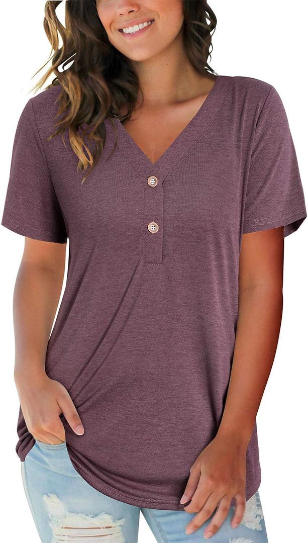 LAISHEN Women's V Neck Summer Tops Casual Henley Button Down T Shirts Tunic 2024 (L)