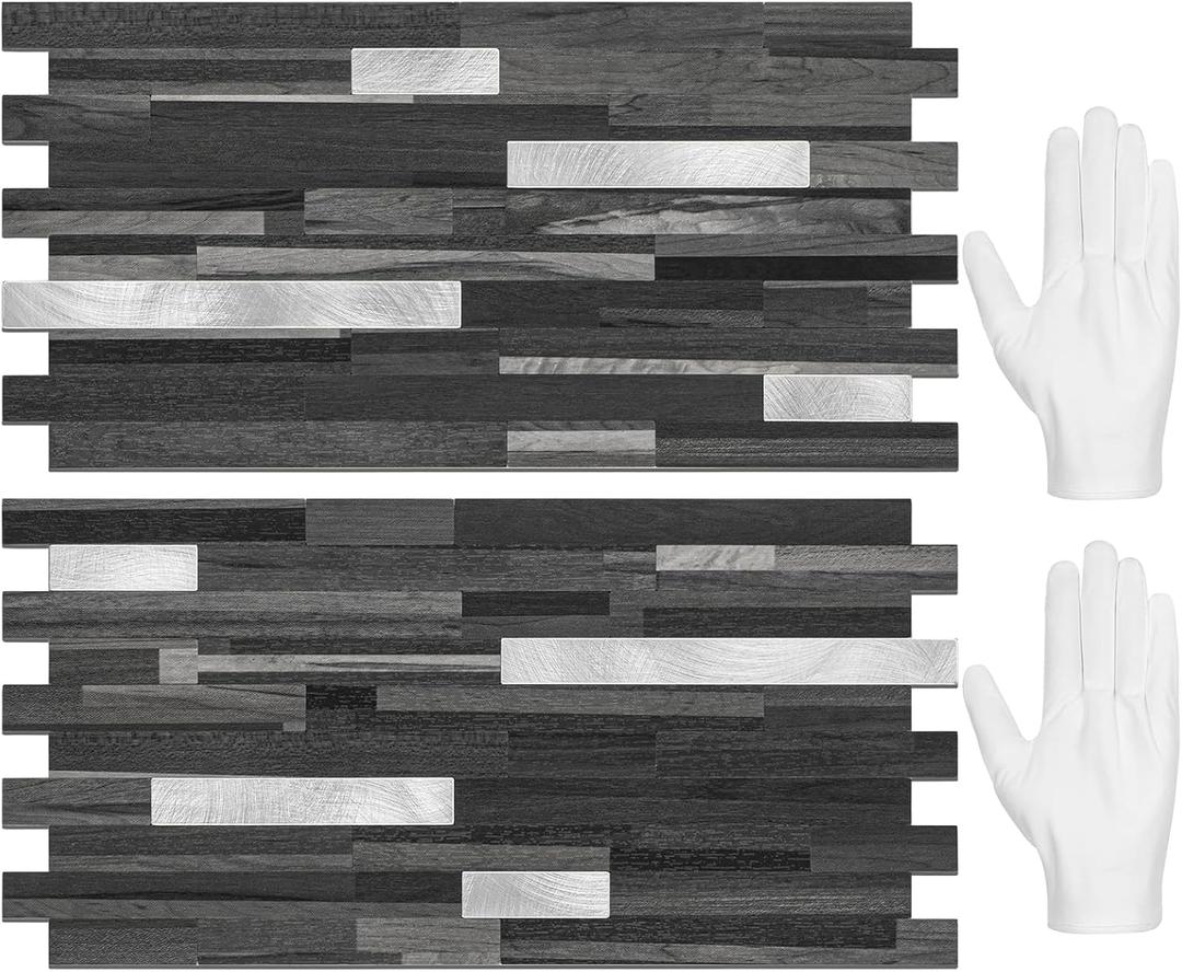 STICKGOO 20 Sheets Peel and Stick Backsplash Tile, Stick on Backsplash for Kitchen and Bathroom, Black Grey Wood Look PVC Mixed Metal Silver Self Adhesive Wall Tiles (Black Grey + Metal Silver)