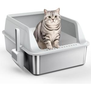 FURTIME Stainless Steel Litter Box with Lid, High Sided Metal Litter Box