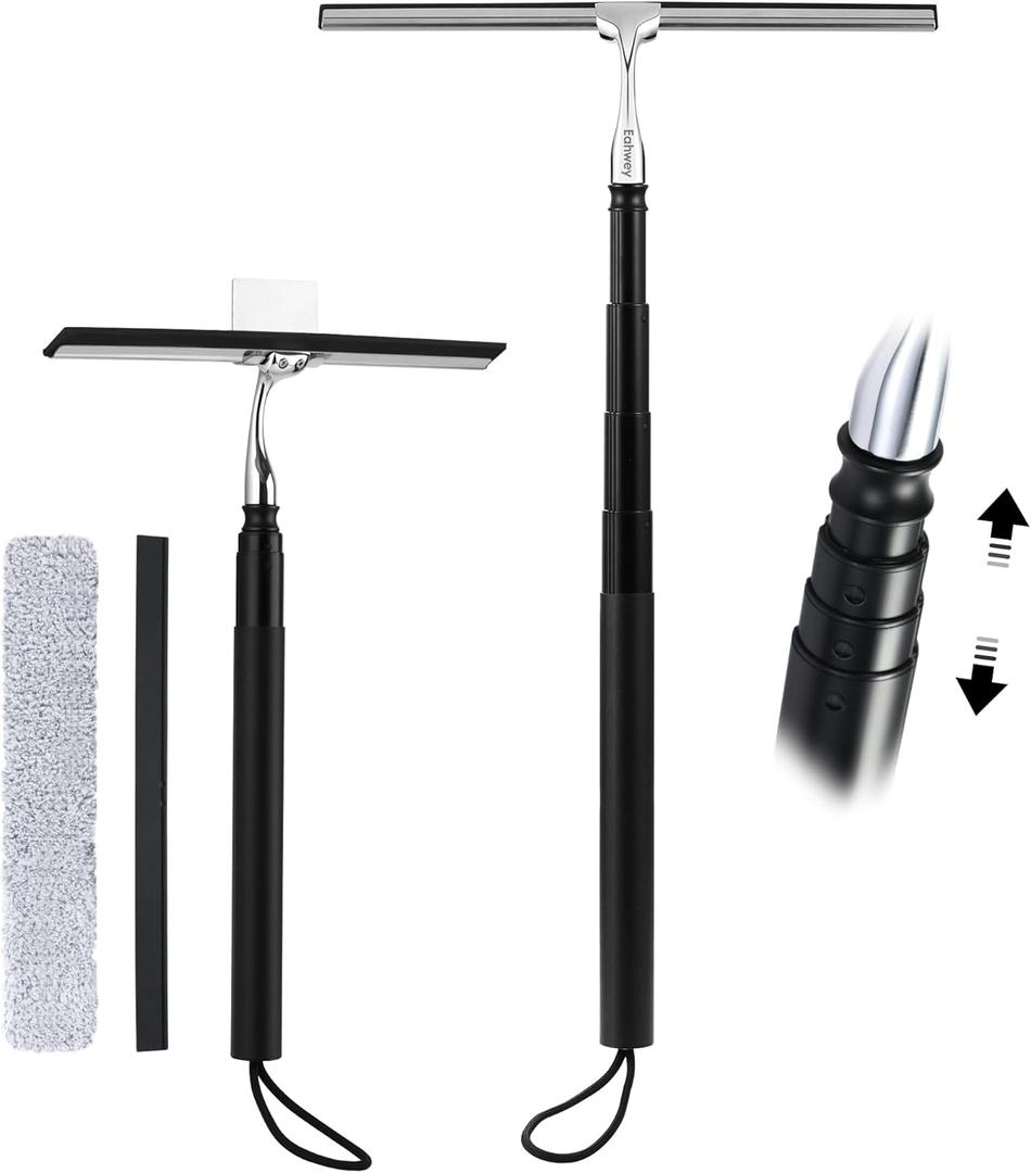 12-51 Telescopic Window Squeegee for High Windows, 2-in-1 Window Cleaning Kit with Extra Silicone Blade & Hook, Professional Squeegee for Shower Glass Doors (Window Squeegee for Home)