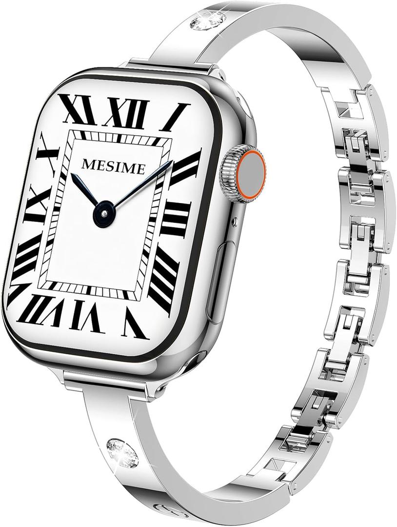 Mesime Slim Band Compatible with Apple Watch Bands 49mm 46mm 45mm 44mm 42mm 41mm 40mm 38mm for Women, Luxury Metal Bracelet Strap for iWatch Ultra 3/2/1 Series 11/10/9/8/7/6/5/4/SE/3/2/1 (Silver)