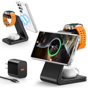 Magnetic Wireless Charger for Samsung, 3 in 1 Mag-Safe Samsung Charging Station for Samsung S24 Ultra Plus S24 S23 S22/Z Fold Flip 6/5/4/3, Galaxy Watch Charger for Galaxy Ultra/6/5/4, Galaxy Buds Pro, Connector type USB Type A, USB Type C
