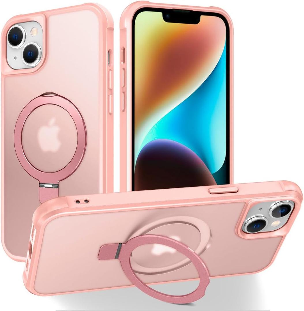 Magnetic Compatible with iPhone 14 Case with Stand [Military Grade Drop Tested][Compatible with Magnet] Ring Translucent Slim Hard Back Soft Edge, Pink