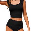 Girls Tankini Swimsuit 2 Piece Bathing Suit Twist Cross Back Cutout Swim Tank Top Floral Print Swimwear for (15-16 Years, Solid Black)