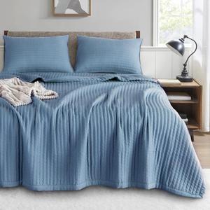 KASENTEX Quilt-Bedding-Coverlet-Blanket-Set, Machine Washable, Ultra Soft, Lightweight, Stone-Washed, Detailed Stitching - Solid Color (Blue, Oversized King + 2 King Shams)