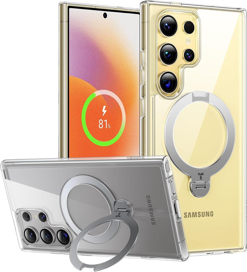 TORRAS 360Spin Magnetic Kickstand for Samsung Galaxy S24 Ultra Case, Compatible with Magsafe, Transparent Slim Protective S24 Ultra Phone Case with Stand&Ring Holder, Ostand Spin, Clear
