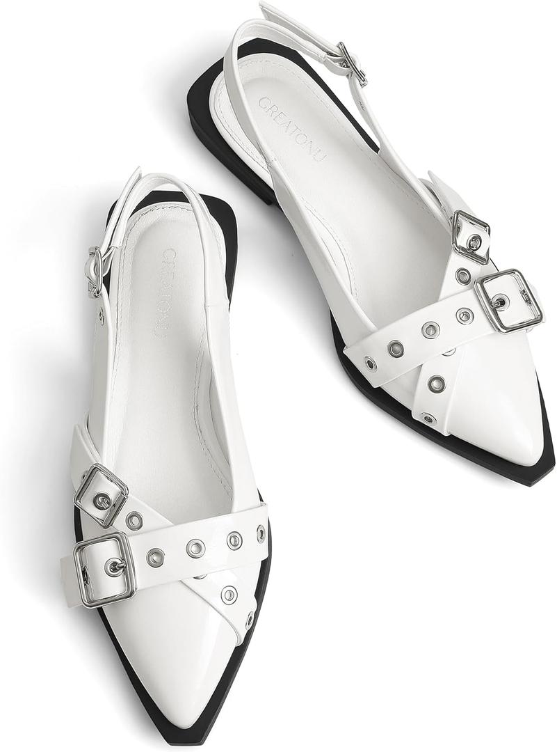 Greatonu Women's Slingback Flats for Women Ballerina Shoes Studs Buckle Flat Shoes Cross Strap Closed Toe Sandals Pointed Toe Ballet Flats Casual Party Dressy Shoes (8)