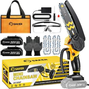 Saker Mini Chainsaw Cordless 6-Inch-Switch Security Lock-Cordless Power Chain Saws-Handheld Small Chainsaw for Cutting Wood Trimming and Woodworking- Mini Chain Saw Cordless with 2 Batteries