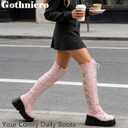 Gothniero Black Platform Boots Over Knee Thigh High Goth Boots for Women Chunky Heel Rave Motorcycle Boots with Buckles Side Zip Lace Boots 10, Light Pink