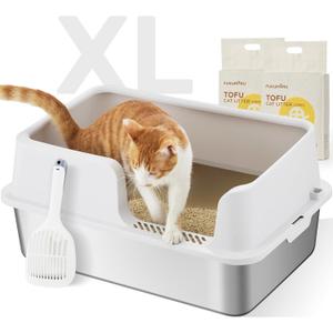 FUKUMARU Stainless Steel Litter Box with Lid, Extra Large Metal Cat Litter Box with Two Bags Litter, High Side Enclosed Litter Tray for Big Cats, Non-Sticky, Easy Cleaning, XL, Includes Litter&Scoop (Light Grey)