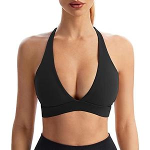 INIBUD Sports Bra for Women Push Up Strappy Workout Top Padded Deep V-Neck Triangle Bralettes with Support Gym, Large 