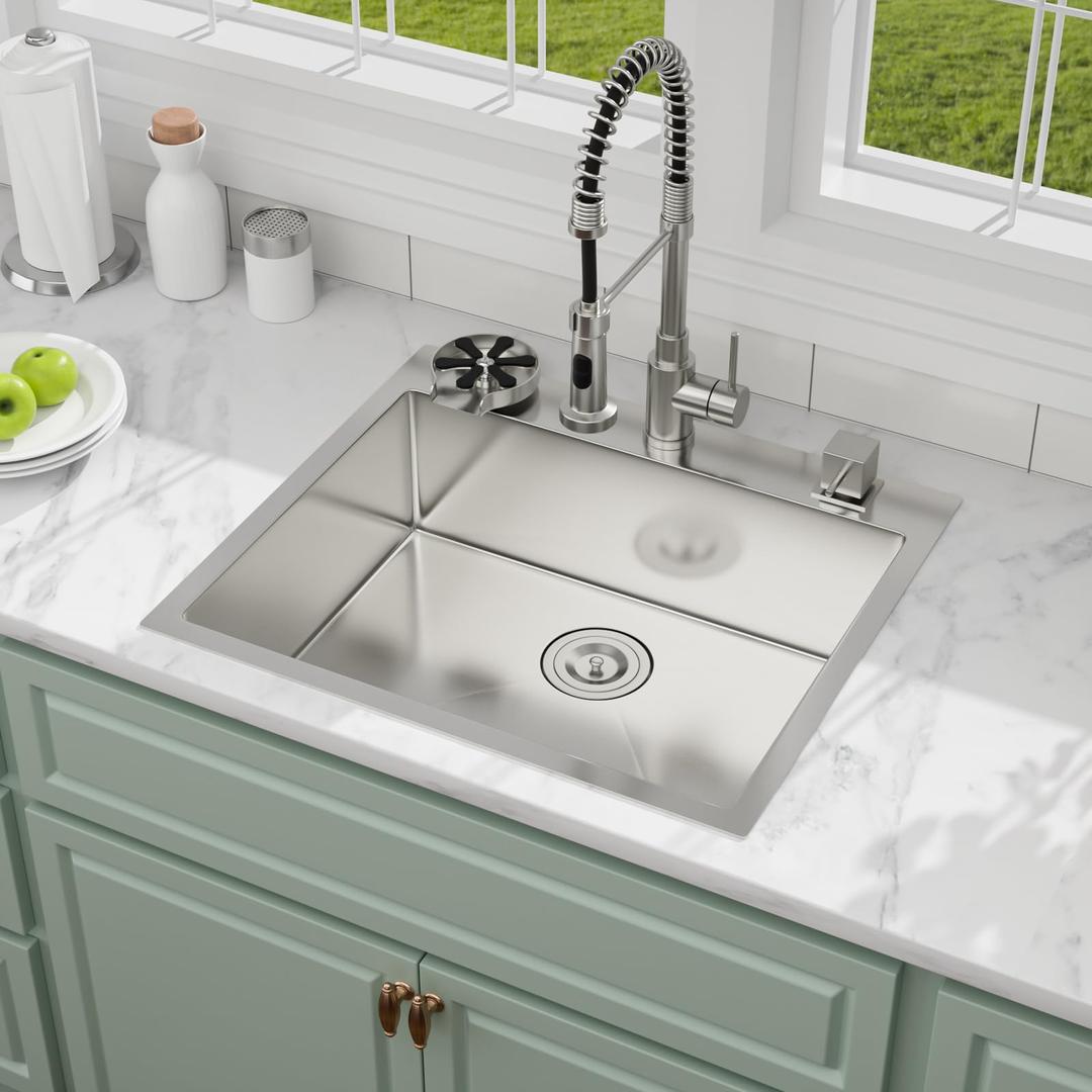 Yurshen 25x22 Inch Drop In Kitchen Sink, 16 Gauge T304 Stainless Steel Topmount Single Bowl, Classic Brushed Finish with Rear-Set Drain & R10 Rounded Corners