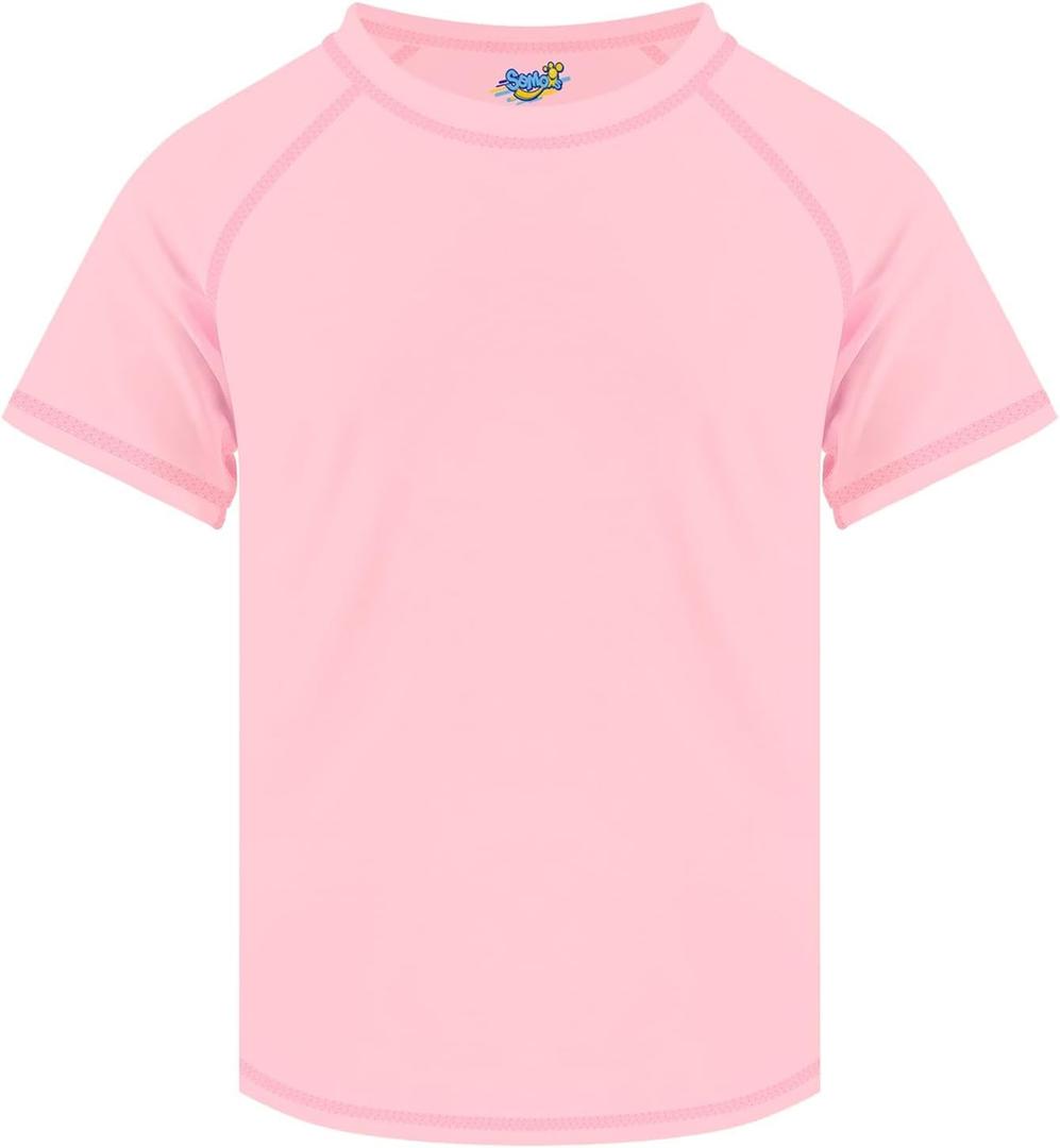 Boys Rash Guard Swim Shirt Short Sleeve Swimwear Toddler Kids Youth Rashguard Water Shirt UPF+ 50 Quick Dry Shirt (5-7Y, Light Pink)