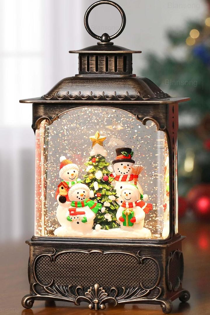Snowman Snow Globe Lantern Christmas Decorations Gifts Auto Snowfall Glitter Music Collection Snowman Family Christmas Tree with 6H Timer USB/Battery Powered 10.2 inch