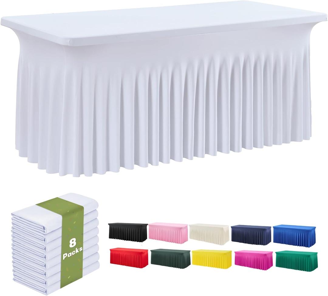 leegleri 8 Pack White Spandex Table Cloths for 6 Foot Rectangle Tables, Wrinkle Free Fitted Table Covers 6ft Stretch Tablecloths with Desk Skirt for Banquet Weddings Parties
