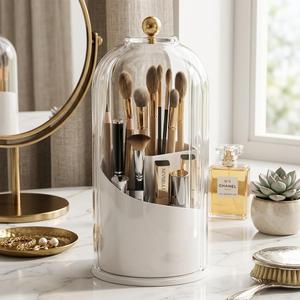 Makeup Brush Holder with Lid 360 Rotating 3-Compartment Makeup Organizers for Vanity, Waterproof & Dustproof Cosmetic Storage Box for Dressing Table (Transparent White)