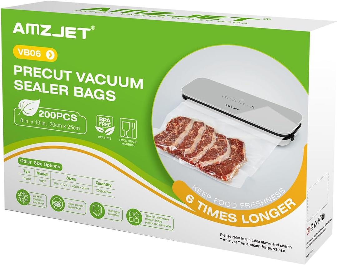 Vacuum Sealer Bags 200 Pcs 8" x 10", BPA Free, Commercial Grade Textured Food Vacuum Sealer Bag, Thick Embossed Bags for Storage and Sous Vide Cooking