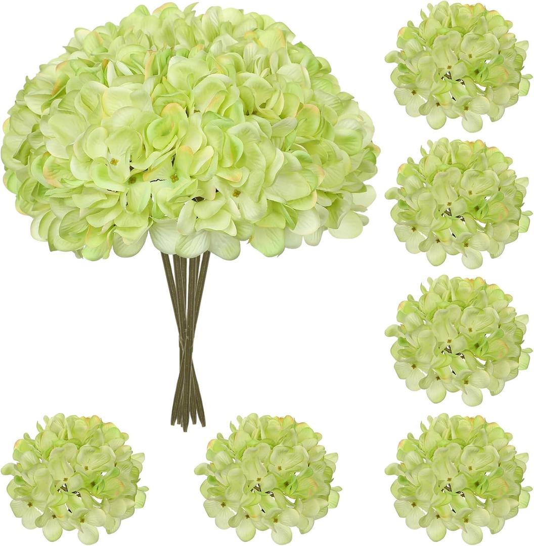 Hollyone 6 Pcs Green Hydrangea Artificial Flowers Heads with Stems Silk Faux Hydrangea Green Fake Flowers for Home Indoor Outdoor DIY Floral Wedding Flower Bouquets Kitchen Table Centerpiece Decor