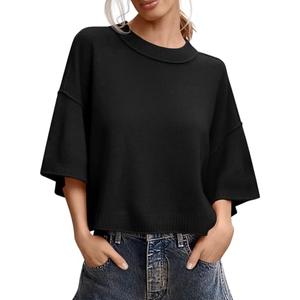Saodimallsu Womens Short Sleeve Sweater Summer Oversized Cropped Sweaters Casual Crewneck Lightweight Knit Tops Black,XL