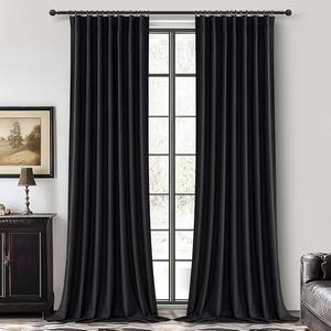 QJmydeco Black Blackout Curtains 96 Inches Long 2 Panel Set, Sun Blocking Curtains for Bedroom Modern Black Window Linen Drapes Thermal Insulated Pleated with Heading Tape Pin Hooks (W50 xL96)