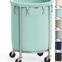 SONGMICS 29-Gallon (110 L) Laundry Basket with Wheels, Rolling Round Heavy-Duty Laundry Hamper Cart with Steel Frame and Removable Bag, 2 Locking Wheels, Mint Green and Metallic Silver URLS002C01