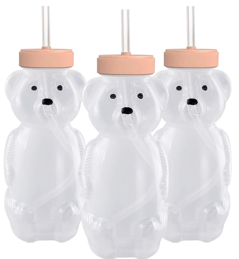 Honey Bear Straw Cups for Babies 3 pack, 8oz Straw Bear Cup with Improved Safety Lid Design, Honeybear Baby Cup Straw, Leak-Proof & Food-Grade & BPA Free (PEACH)