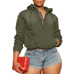Women's Half Zip Denim Hoodie Pullover Jacket Jean Tops (Army Green), 2XL