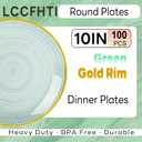 100PCS Transparent Green Gold Plastic Plates, 10 Inch Heavy Duty Disposable Dinner Plate with Gold Rim, Round Party Plates for Wedding, Party, Camping, Picnic, Birthday