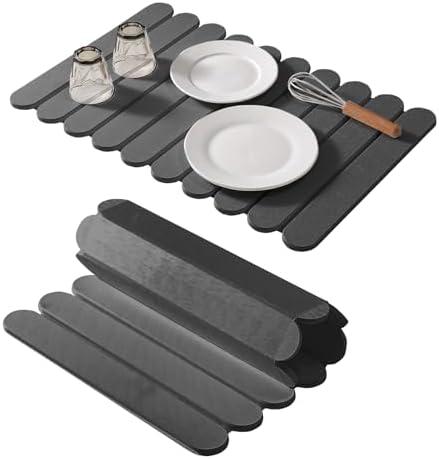 Extral Large Quick Dry Stone Drying Mat for Kitchen Counter,24"(L)x16"(W) Collapsible Eco-Friendly Absorbent Diatomaceous Earth Mat for Dishes Cups,Dish Drying Mats (Deep gray-Ellipse, 24x16 inch)