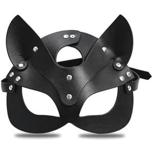 Cat Woman Eye Cover for Adults Women, Black Faux Leather Cat Ear Headpiece with Adjustable Strap, Halloween Cosplay Masquerade Costume Accessory for Party and Roleplay Outfits