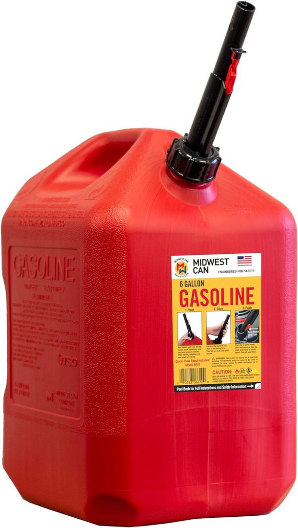 Midwest Can 6610 Quick Flow Spout Auto Shut Off Gasoline Can - 6 Gallon