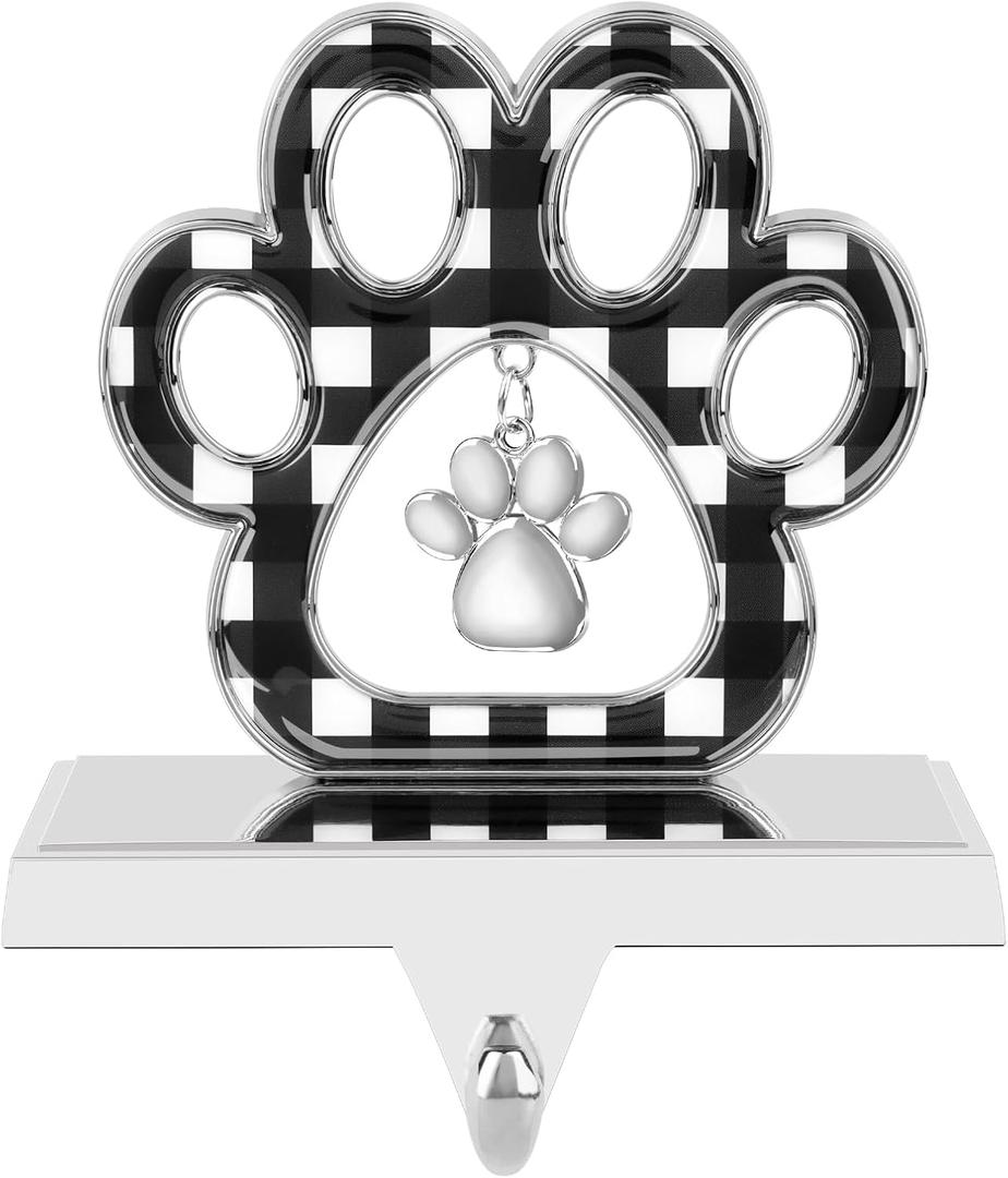 Dog Paw Christmas Stocking Holder, 3D Silver Metal Stocking Holder with Pendant Black Buffalo Plaid Pet Stocking Hangers for Mantle Fireplace Table Christmas Decoration (Black and White)