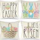 GEEORY Happy Easter Throw Pillow Covers 16x16 Set of 4 Bunny He is Risen Cross Eggs Spring Home Decor for Couch G261-16 (Multicolor)