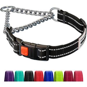 CollarDirect Martingale Dog Collar with Stainless Steel Chain and Quick Release Buckle - Reflective Collar for Large, Medium, Small Dogs - Black, Medium (Neck Size 14"-17")