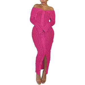 Sexy Button Down Dresses for Women Date Night Off Shoulder See Through Mesh Ruffle Bodycon Maxi Dress (Medium, 0279-hot Pink)