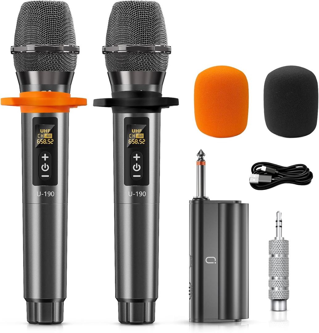 Karaoke Microphone Wireless Mic, Universal Professional UHF Dynamic Mic System with Receiver, Handheld Cordless Microphones for Singing,Wedding, DJ, Party, Speech, Church, Plug and Play (2 Mics Titanium)