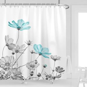 Teal Gray Floral Shower Curtain 72''W x 72''L Daisy Elegant Flower Grey Cute Wildflower Botanical Bathroom Curtains Accessories Polyester Fabric 12 Pack Hooks
