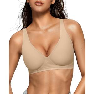 OEAK Womens Deep V Bras Wireless Comfortable Bra Supportive No Underwire Bras Tshirt Push Up Bralettes Plunge Seamless Bra (Large, Semolina)