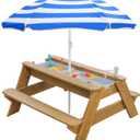 Kids 3-in-1 Sand & Water Table, Wood Outdoor Convertible Picnic Table w/Umbrella, 2 Trays, Removable Top with Faucet, Picnic Table for Outdoor Playset (Natural/Blue)