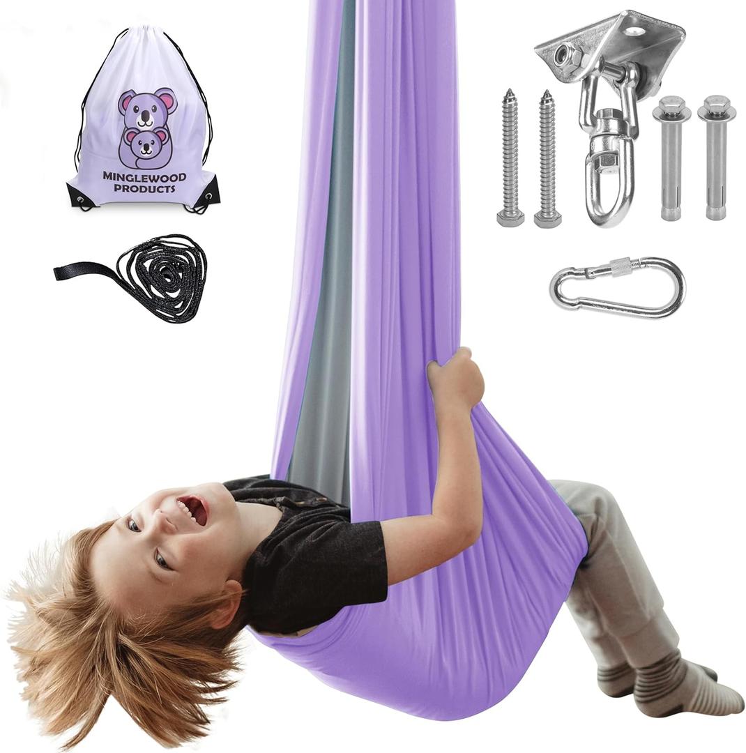 MINGLEWOOD Sensory Swing Bundle  360 Swivel Hanger  Complete Set for Children  Special Needs: Anxiety, ADHD, Autism & Sensory Disorders (Purple/Gray)