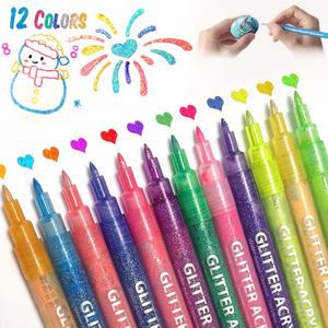 Glitter Marker Pens 12 Colors Metallic Shimmer Marker For Kids Adults DIY Greeting Cards Birthday Cards Posters Albums Scrapbooking Mugs Wood scrawl (0.7mm)