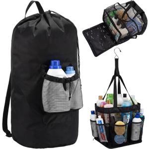 2 Pcs Black Backpack Laundry Bag and Caddy Portable Set Dorm Room Laundry Backpack Shower Caddy Basket Hooks for College Dorm Room Travel Laundromat Apartment