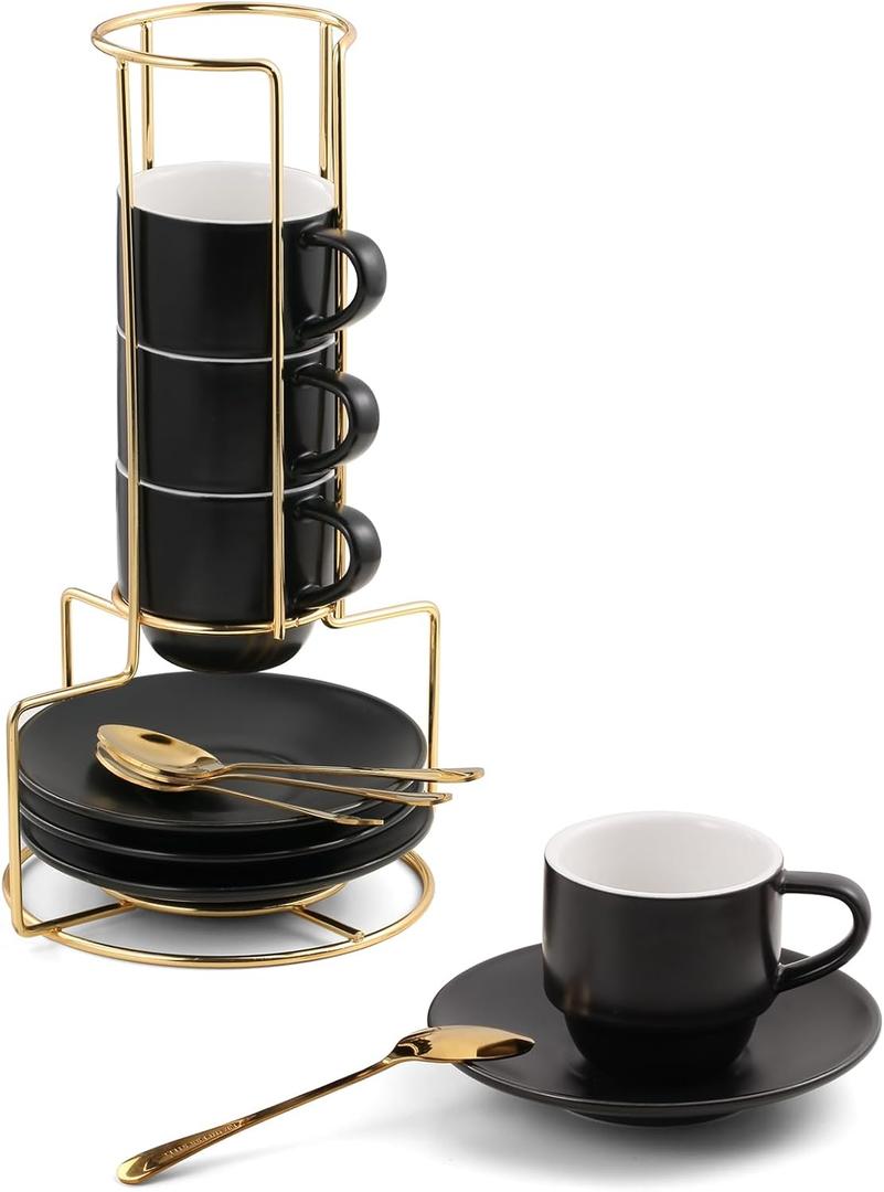 Lareina 3-Ounce Espresso Cups Set Of 4, Small Stackable Coffee Cups with Saucers, Spoons and Metal Stand, Ceramic Demitasse Mugs, Espresso Accessories for Machine, Black