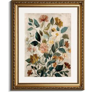 InSimSea Gold Picture Framed Wall Art, Living Room Vintage Watercolor Flower Botanical Wall Decor, Floral Canvas Print Art, Home Farmhouse Decor, Antique Paintings with Frame 13x16inch