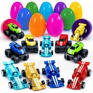 Stargo 24 Pack 3.2" Colorful Prefilled Easter Eggs bulk with Racing Mini Car Vehicles - Pull Back Cars | Plastic Easter Eggs Large for Easter Basket stuffers, Easter Gifts Party Favors Boy Goodie Bags