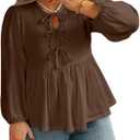 AlvaQ Plus Size Babydoll Tops for Women Dressy Tendy Long Sleeve Crewneck Bow Tie Front Peplum Blouse Shirts,Coffee 1X