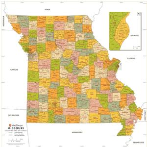 Missouri ZIP Code Map with Counties - Standard - 36 x 36 inch Poster - Front Lamination