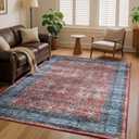 6x9 Vintage Area Rug for Living Room Bedroom, Large Washable Non Slip Indoor Rug, Thin Throw Floral Floor Low Pile Distressed Carpet for Office Nursery Dining Room Red/Blue