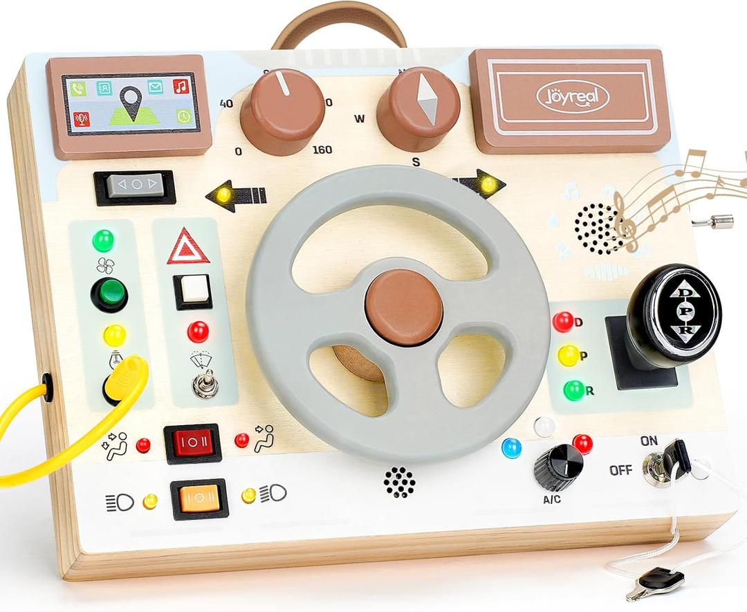 Joyreal Toddler Busy Board with LED Lights, Steering Wheel, Sounds, Montessori Toys for 1+ Year Old, Fidget Board Sensory Travel Toy, Gifts for Boys and Girls